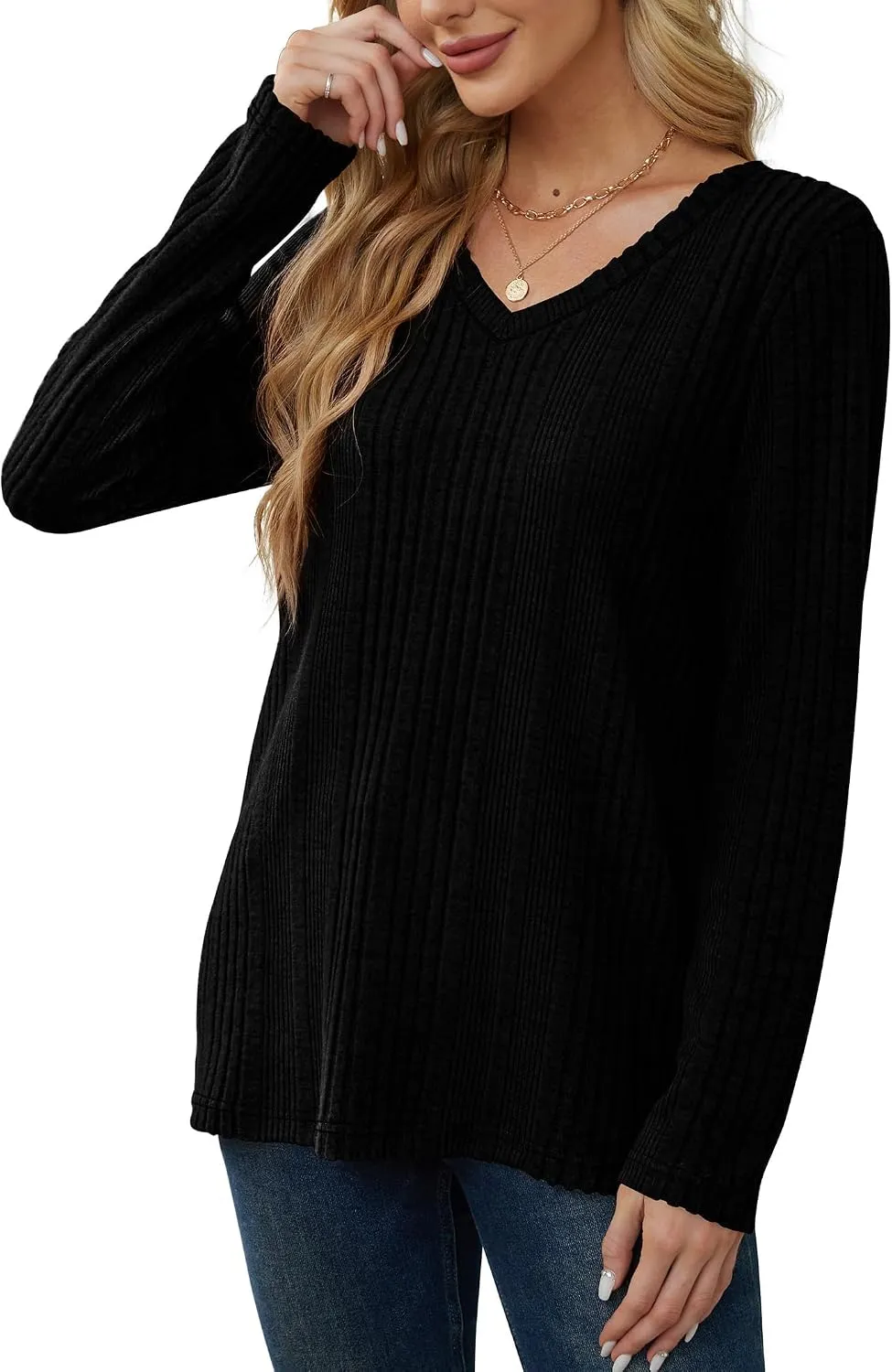 V-Neck Lightweight Pullover — Black — view 4