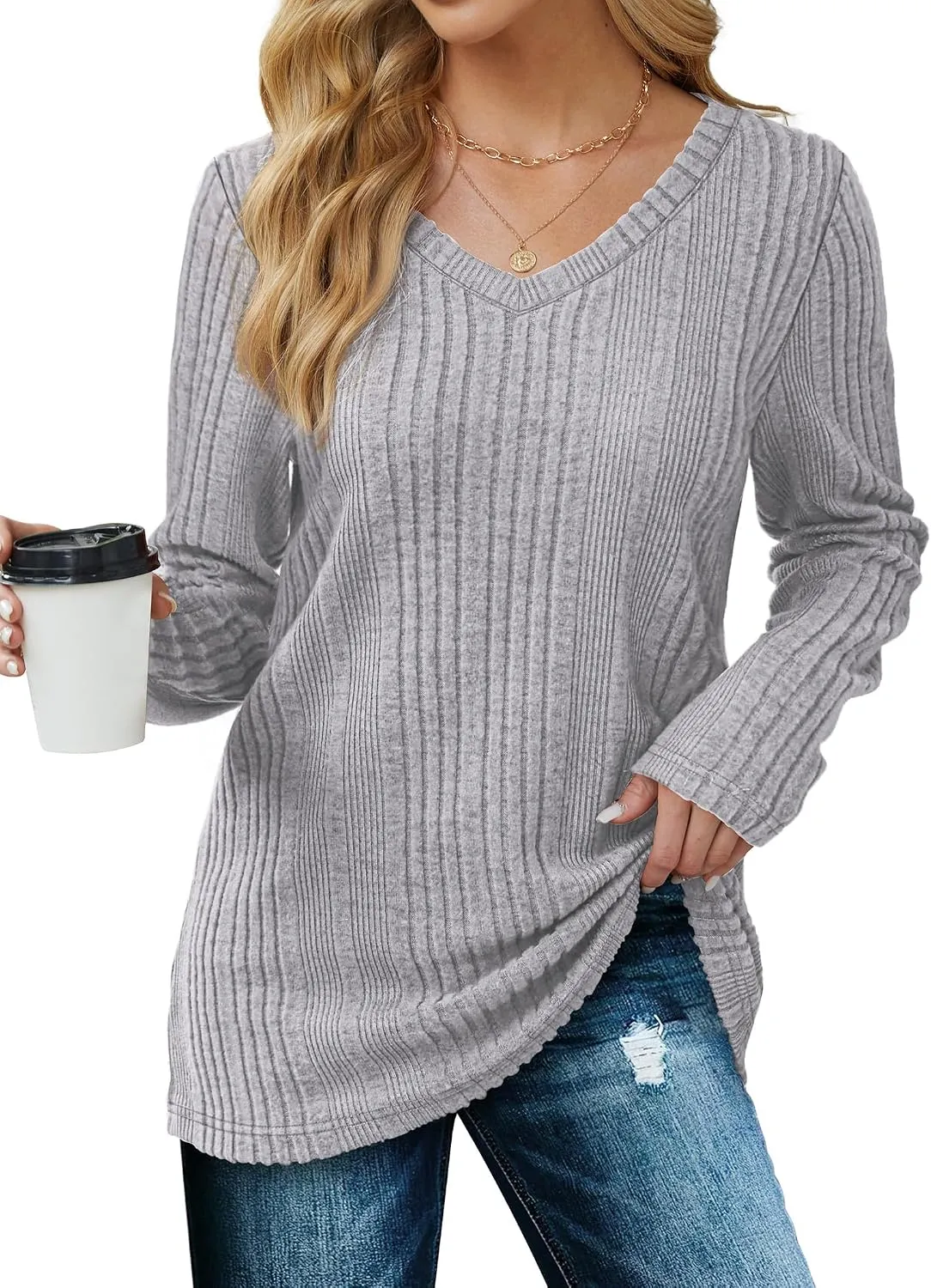 V-Neck Lightweight Pullover — Gray — view 3