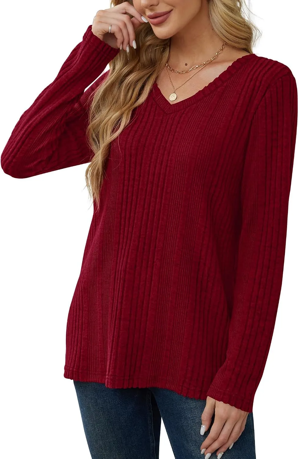 V-Neck Lightweight Pullover — Burgundy — view 2