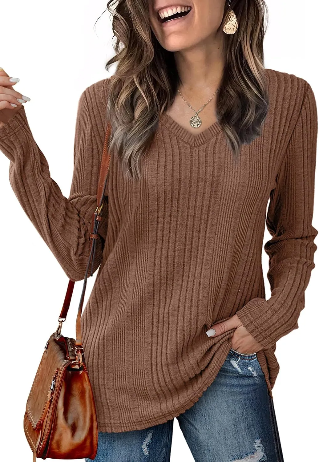 V-Neck Lightweight Pullover — Brown