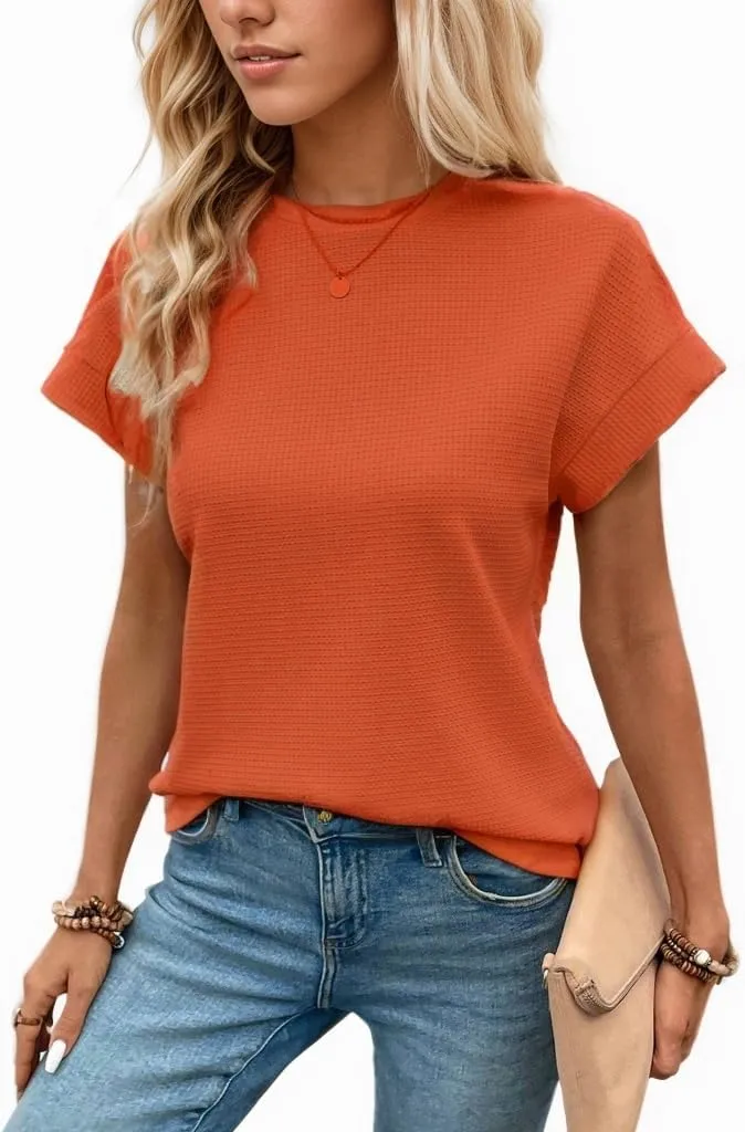 Waffle Knit Crew Neck Tee — Caramel