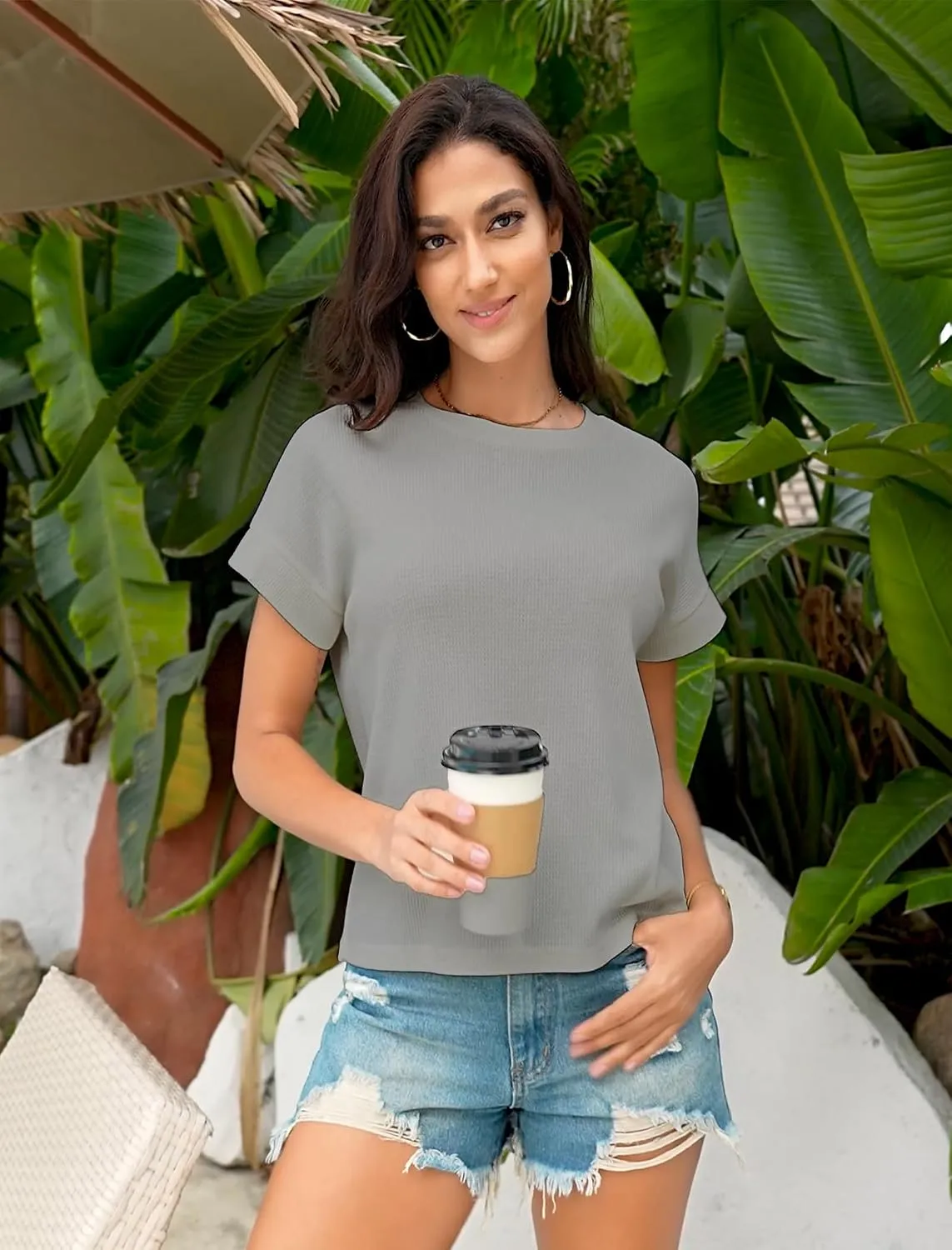 Waffle Knit Crew Neck Tee — Gray — view 2