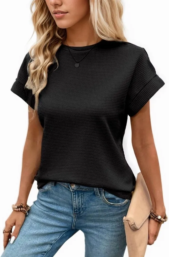 Waffle Knit Crew Neck Tee — Black