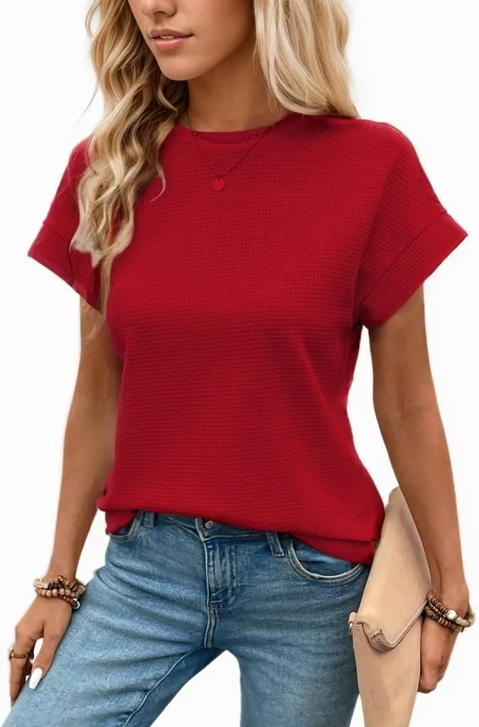 Waffle Knit Crew Neck Tee — Jujube Red