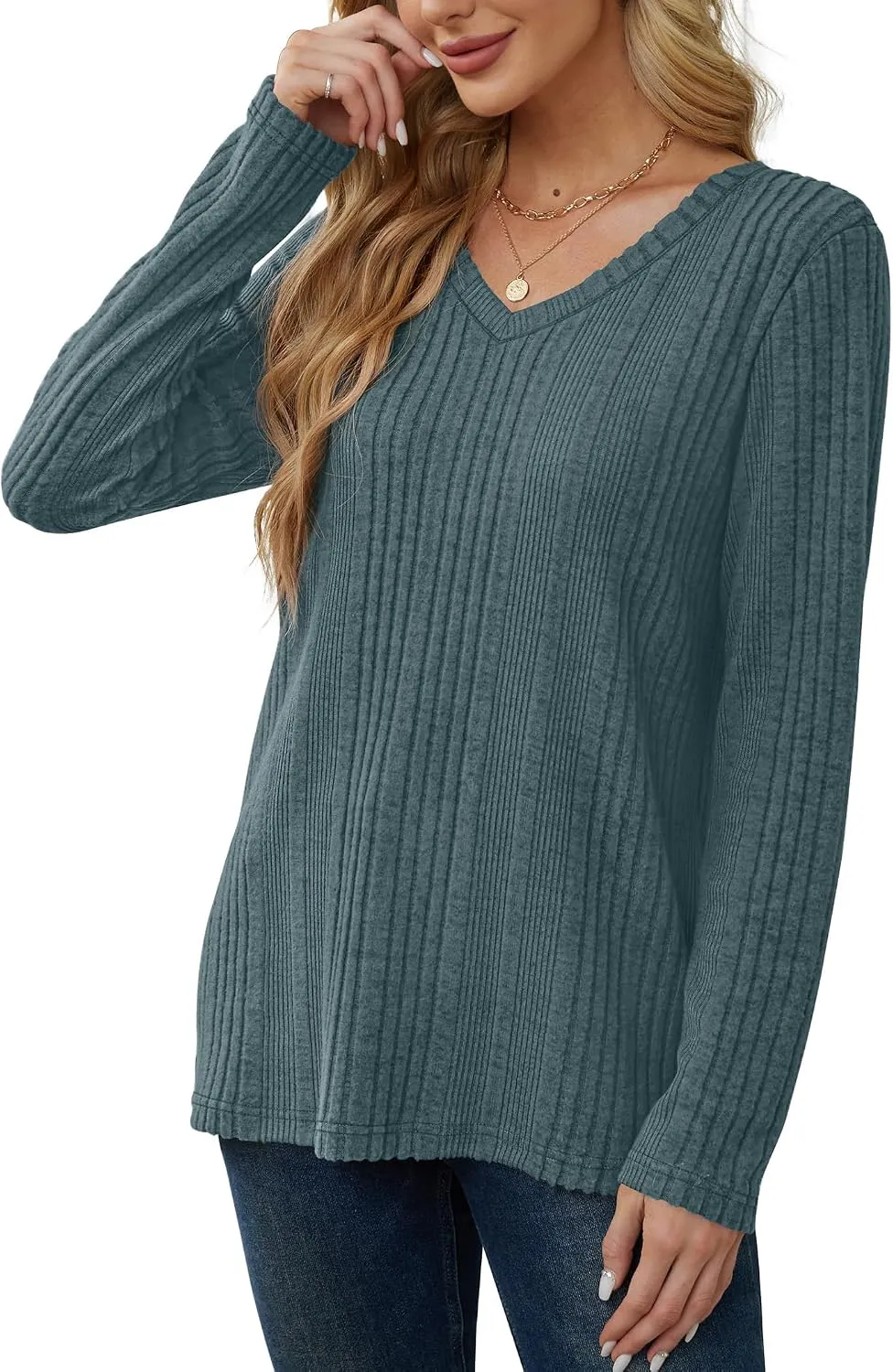 V-Neck Lightweight Pullover — Blue — view 2