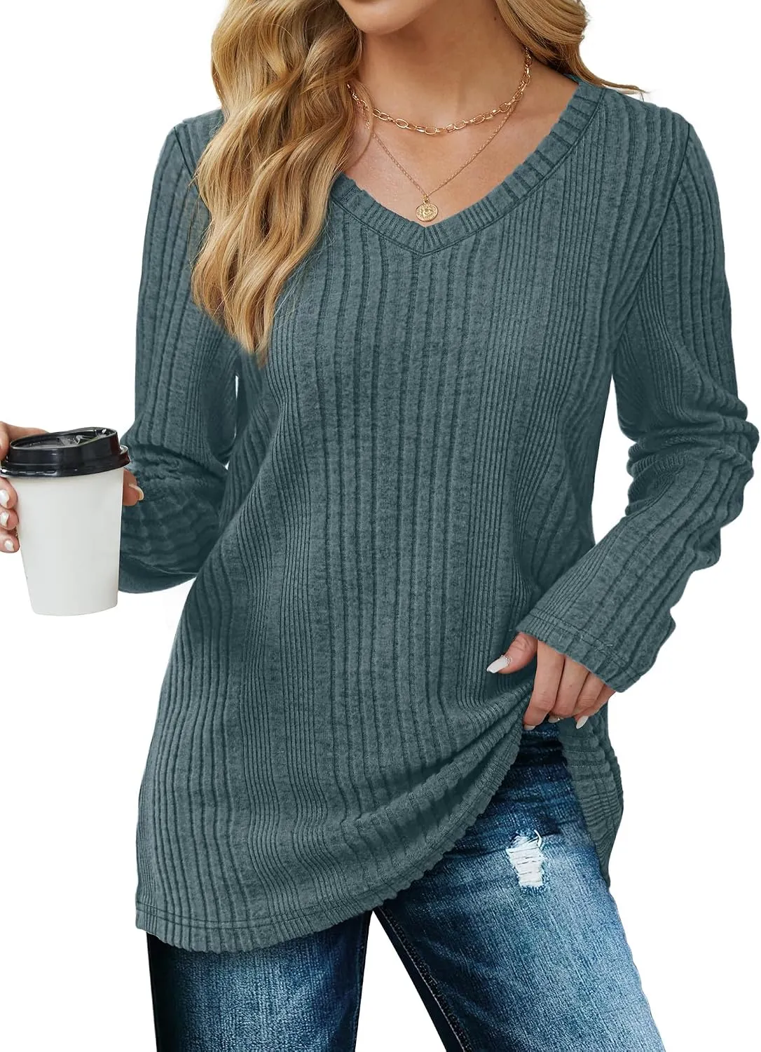 V-Neck Lightweight Pullover — Blue — view 5