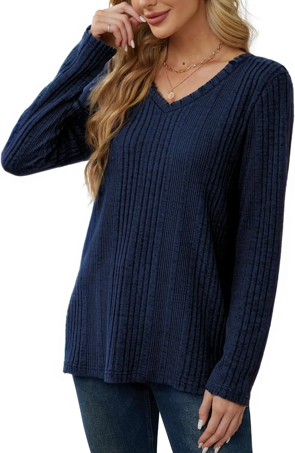 V-Neck Lightweight Pullover — Navy — view 3