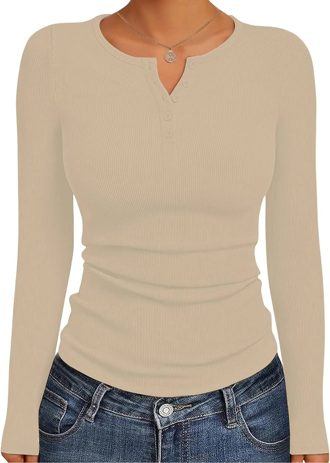 Ribbed Henley Long Sleeve — Apricot