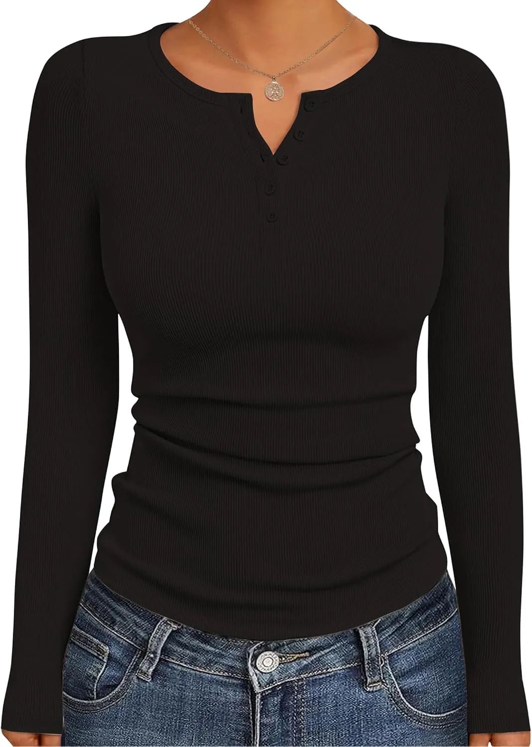 Ribbed Henley Long Sleeve — Black