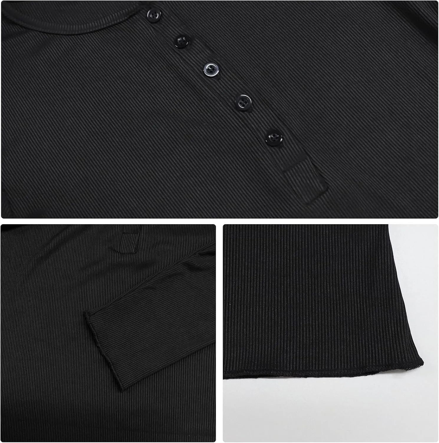 Ribbed Henley Long Sleeve — Black — view 5