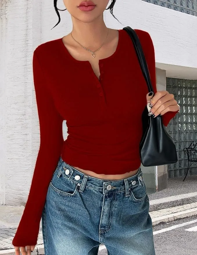 Ribbed Henley Long Sleeve — Jujube Red — view 2