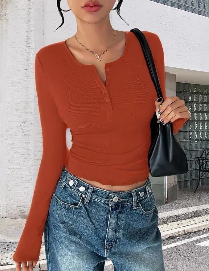 Ribbed Henley Long Sleeve — Rust Red — view 2