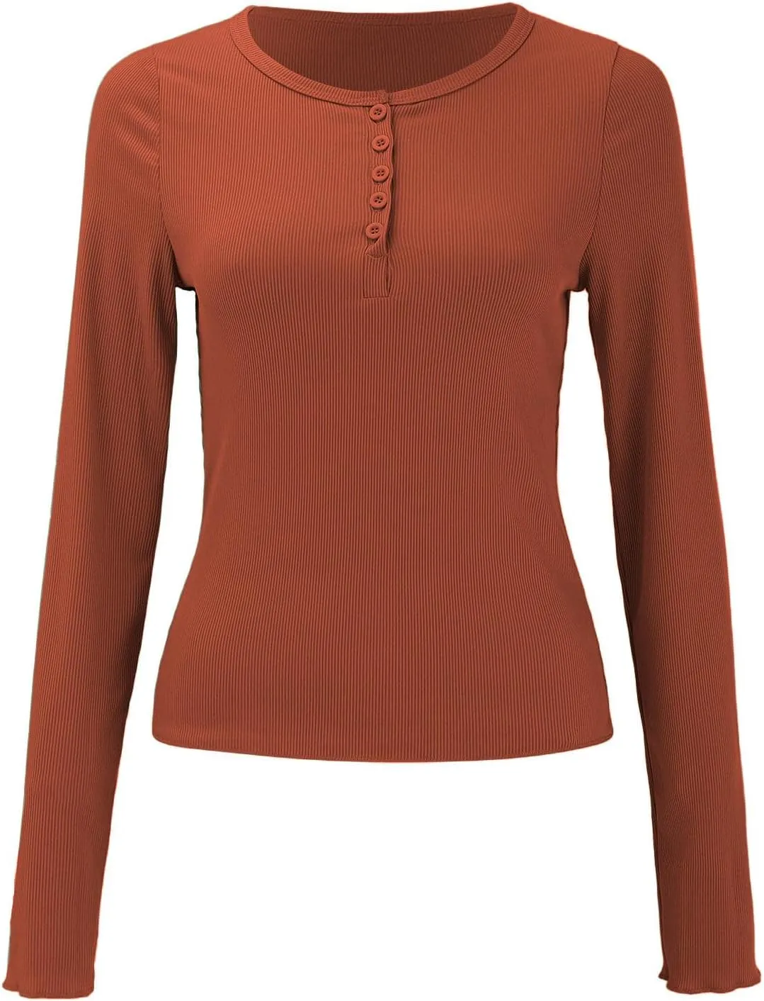 Ribbed Henley Long Sleeve — Rust Red — view 3