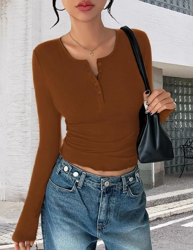 Ribbed Henley Long Sleeve — Brown — view 2