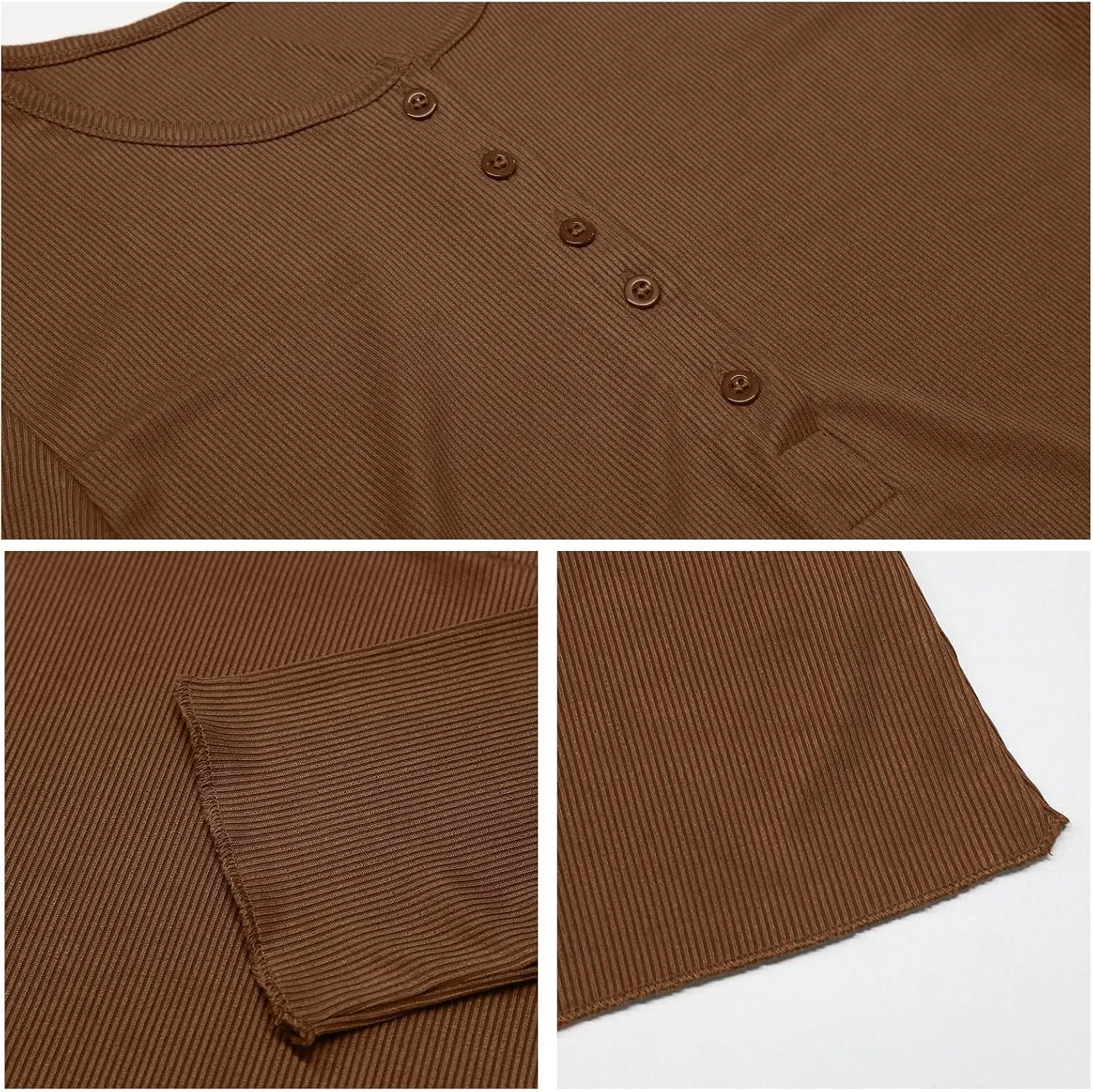 Ribbed Henley Long Sleeve — Brown — view 5