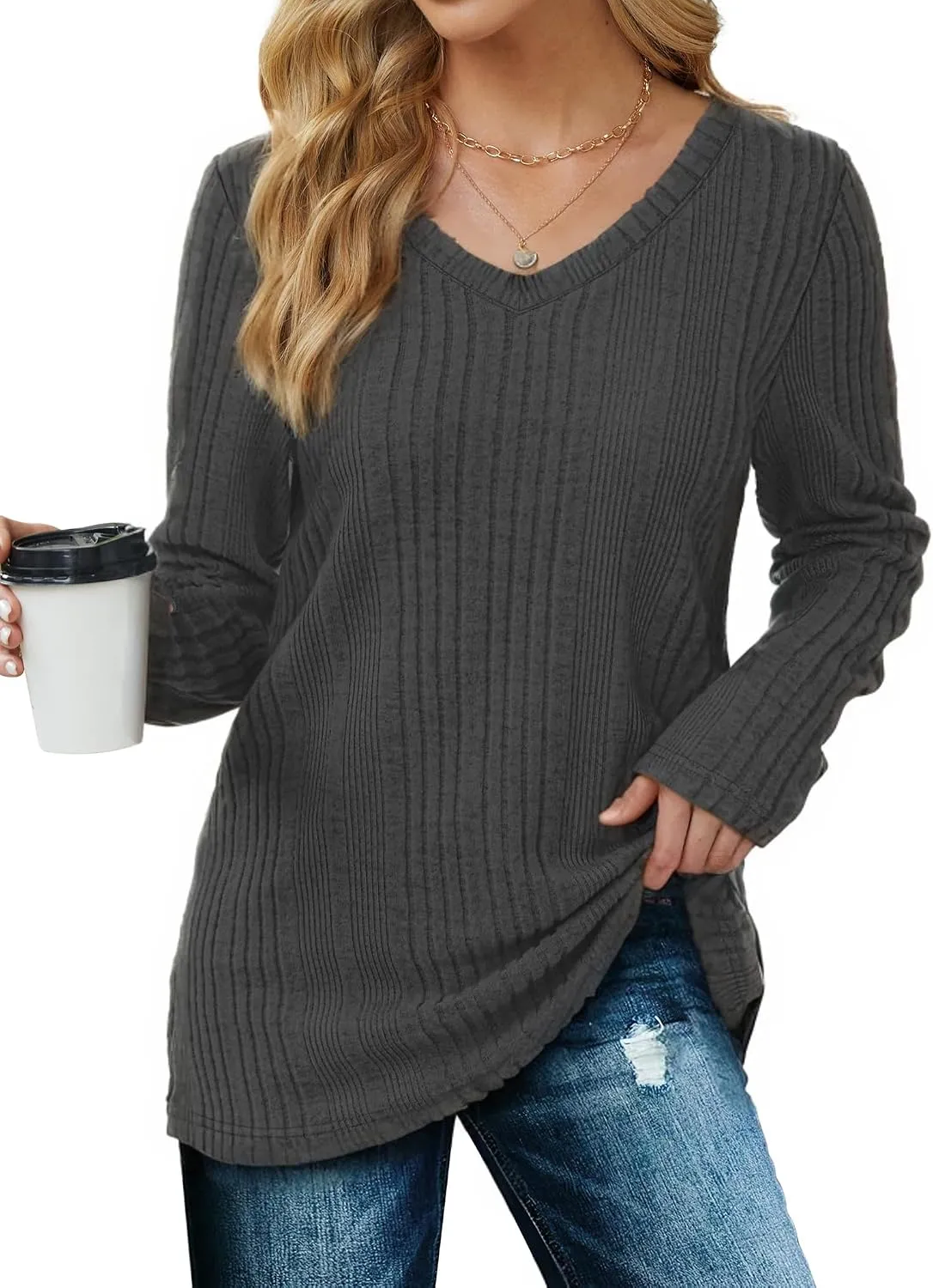 V-Neck Lightweight Pullover — Anthracite Grey — view 2