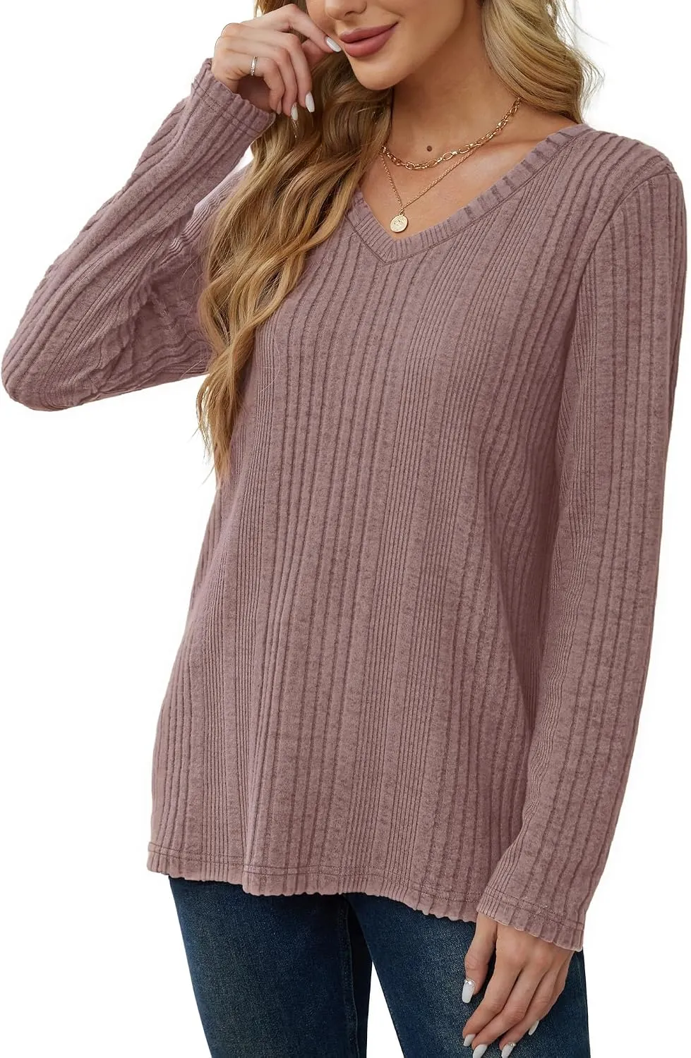 V-Neck Lightweight Pullover — Rust Red — view 2