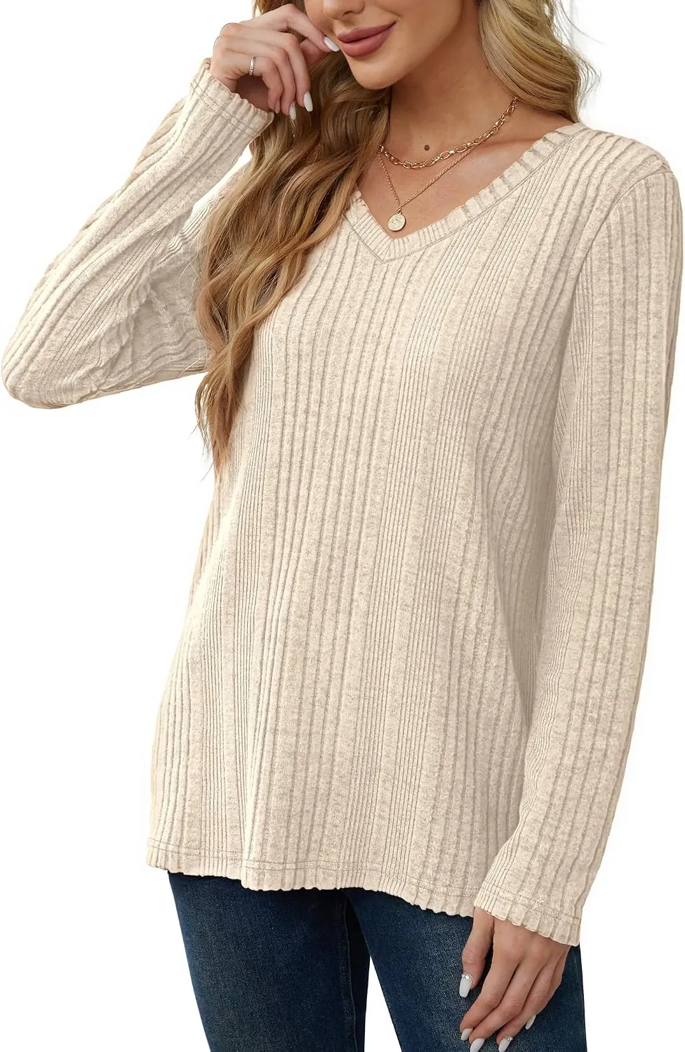 V-Neck Lightweight Pullover — Light Apricot — view 2