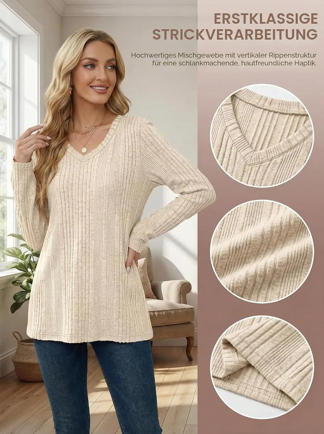 V-Neck Lightweight Pullover — Light Apricot — view 4