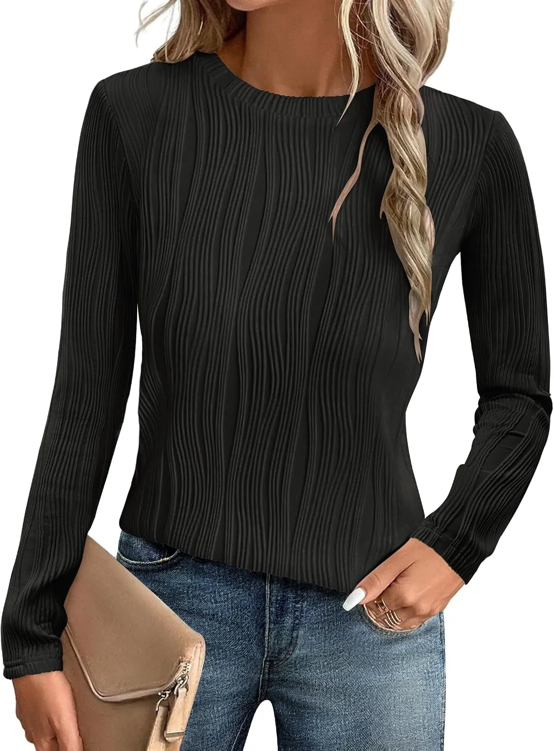 Wave Pattern Long Sleeve Crew — Black