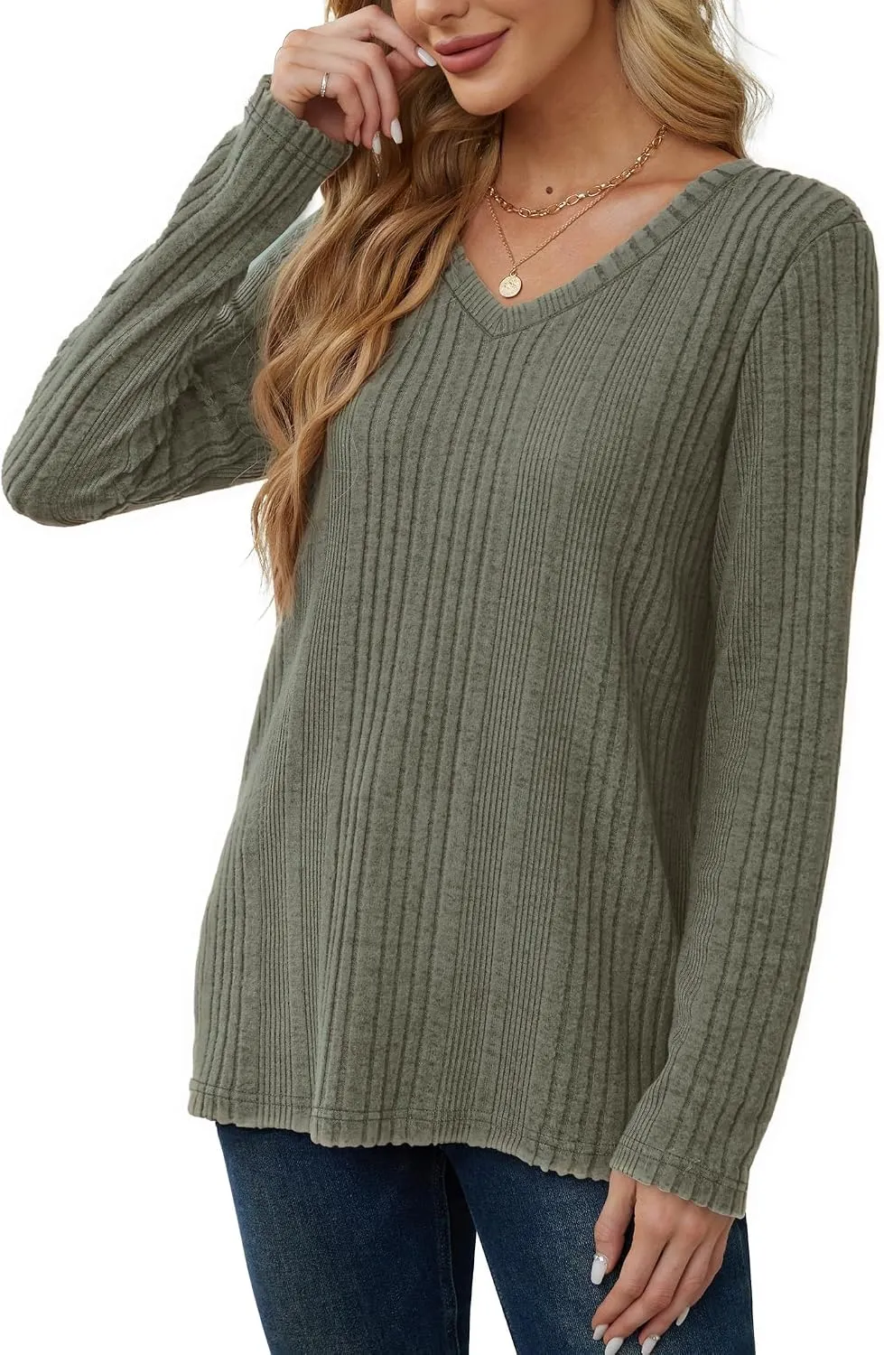 V-Neck Lightweight Pullover — Green — view 2