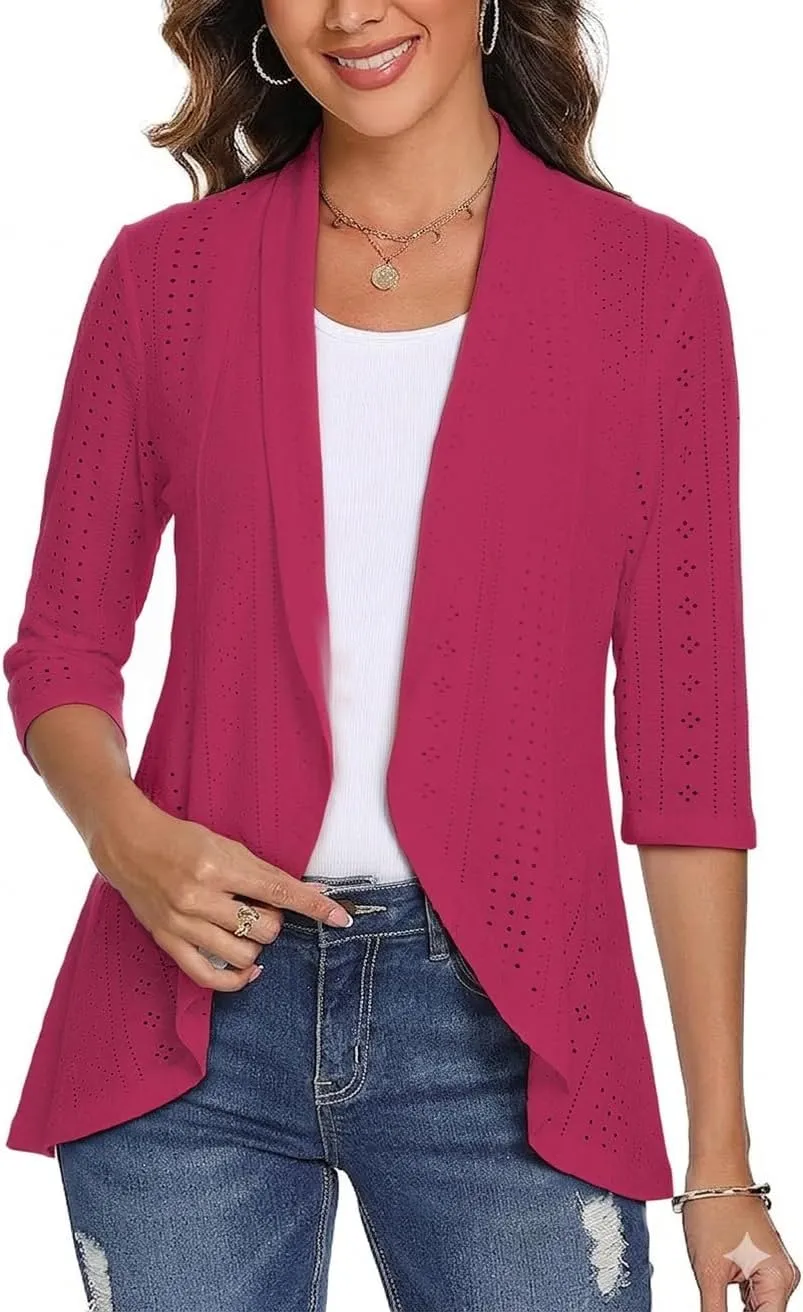 3/4 Sleeve Open-Front Cardigan — Wine Red