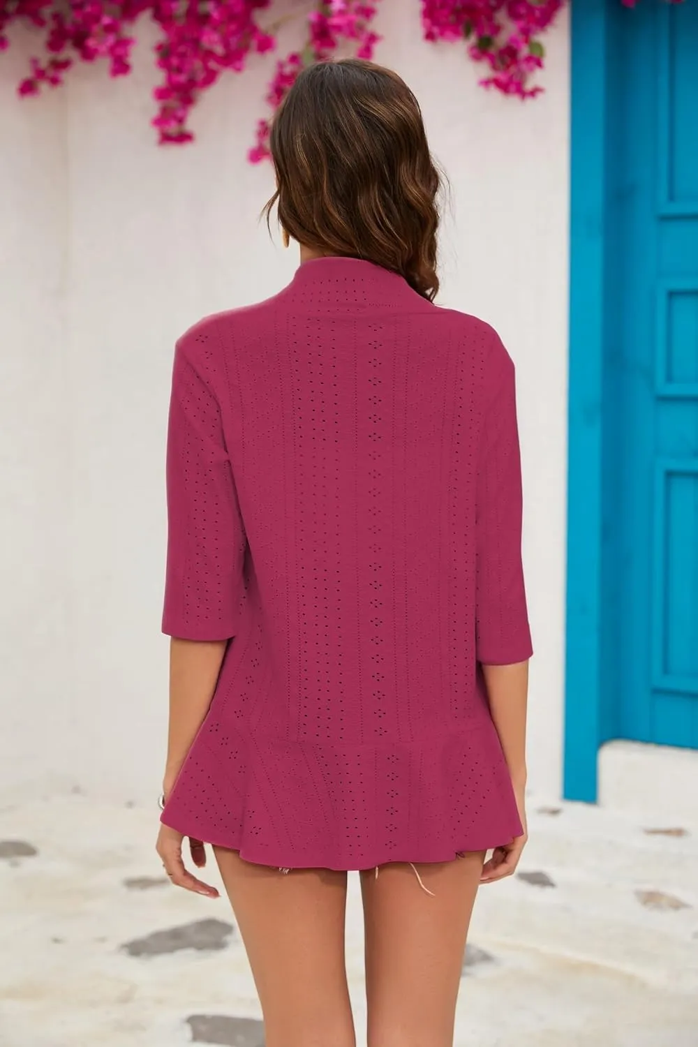 3/4 Sleeve Open-Front Cardigan — Wine Red — view 3