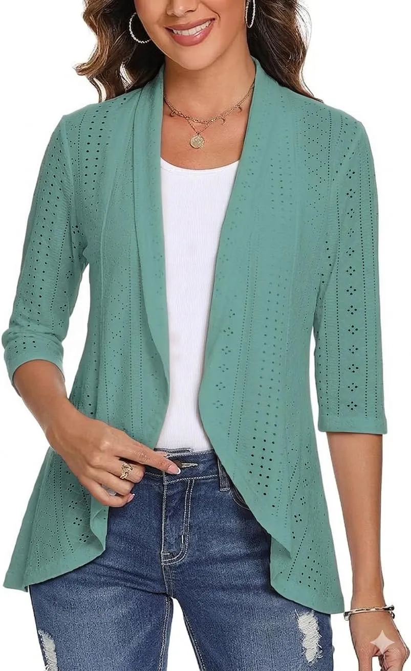 3/4 Sleeve Open-Front Cardigan — Sage Green