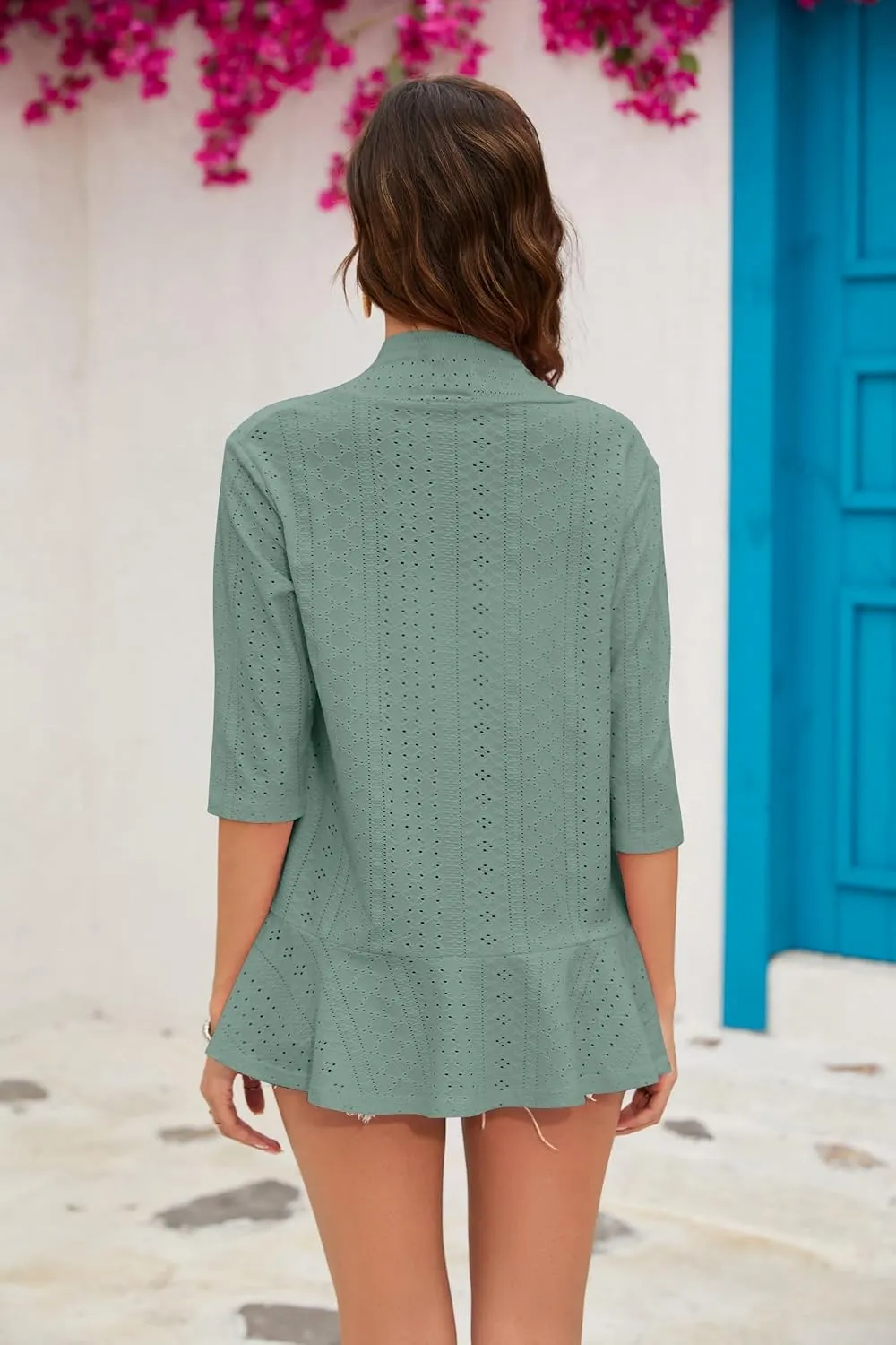 3/4 Sleeve Open-Front Cardigan — Sage Green — view 3