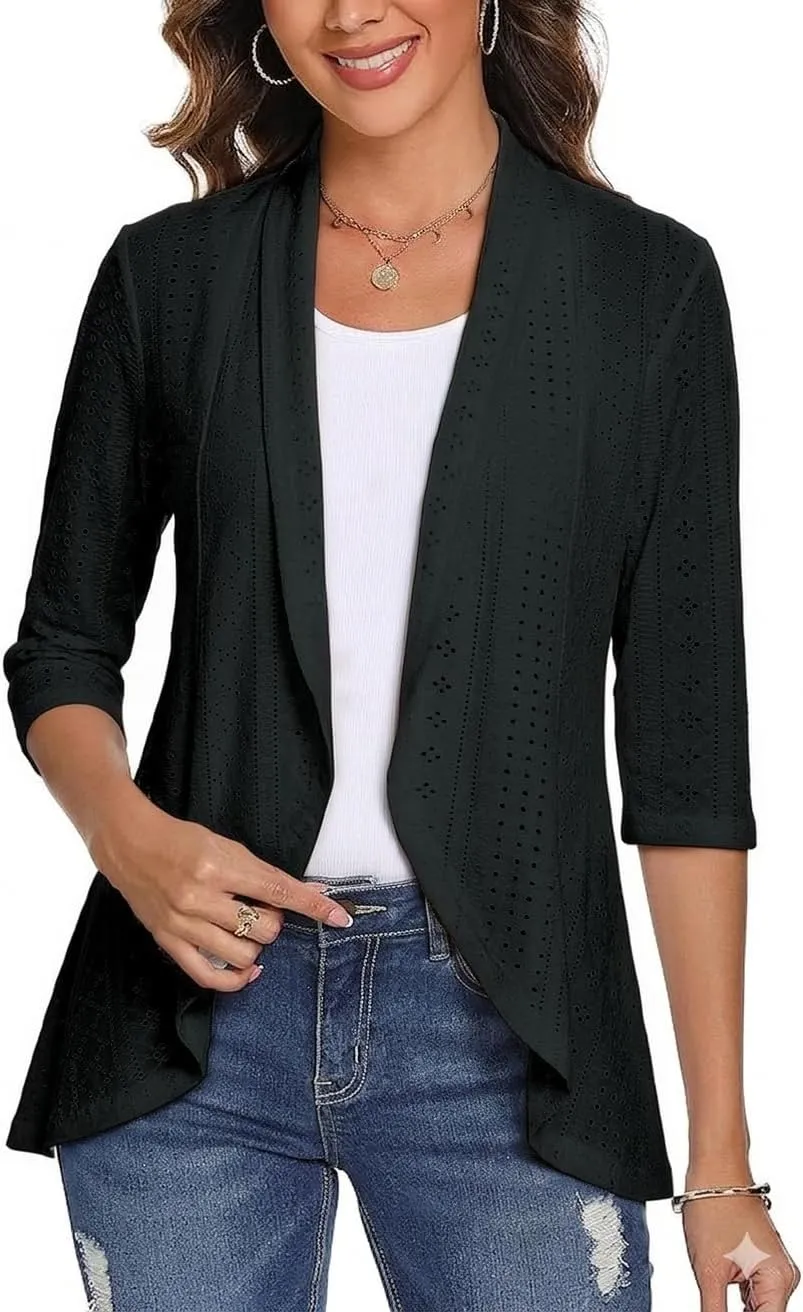 3/4 Sleeve Open-Front Cardigan — Black