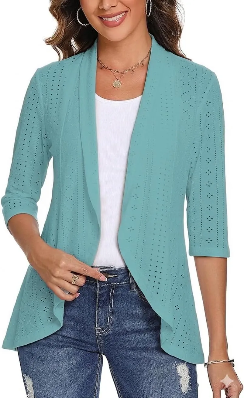 3/4 Sleeve Open-Front Cardigan — Light Blue