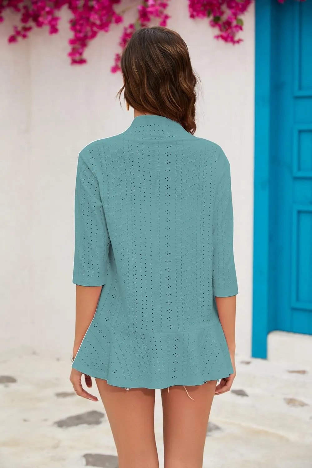 3/4 Sleeve Open-Front Cardigan — Light Blue — view 3