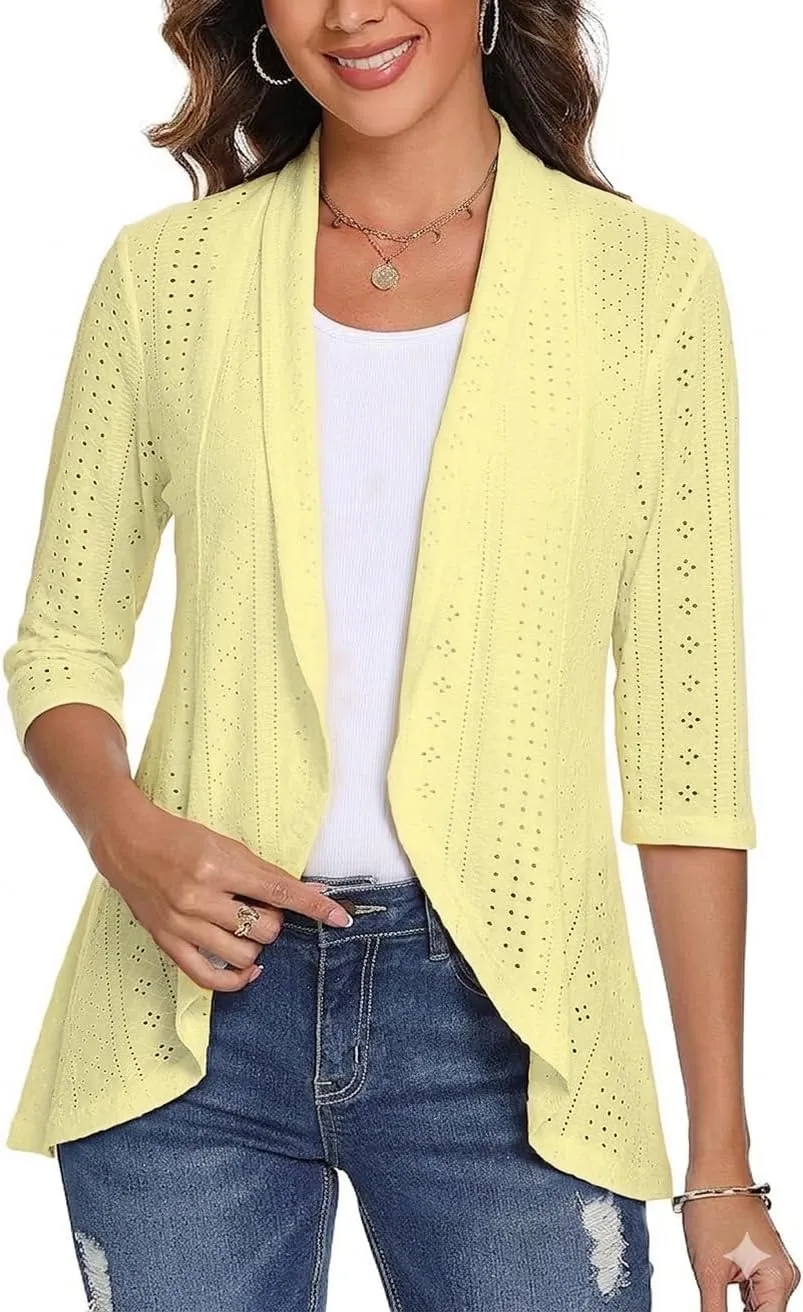 3/4 Sleeve Open-Front Cardigan — Yellow