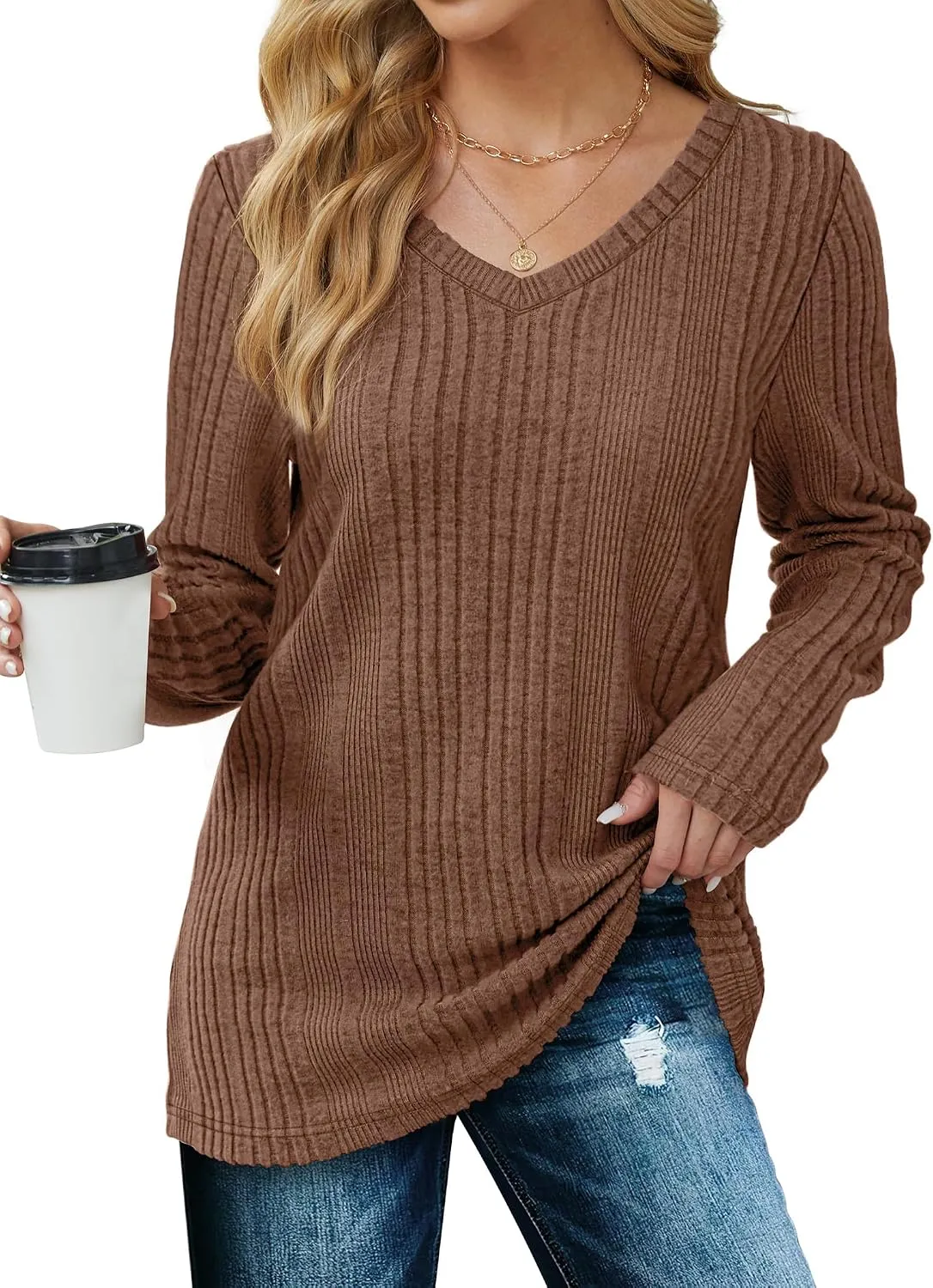 V-Neck Lightweight Pullover — Dark Brown — view 2