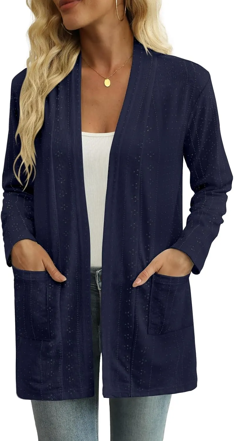 Pointelle Open-Front Cardigan — Navy — view 2