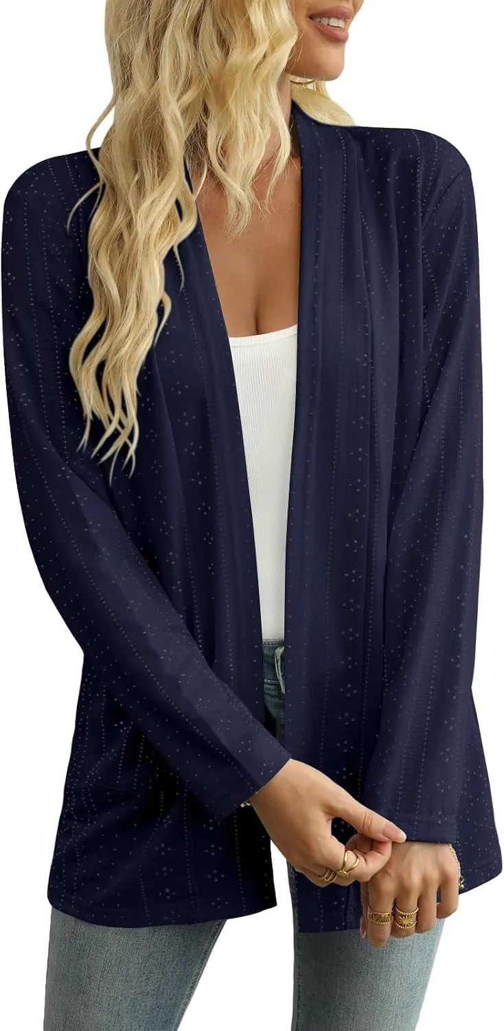 Pointelle Open-Front Cardigan — Navy — view 4