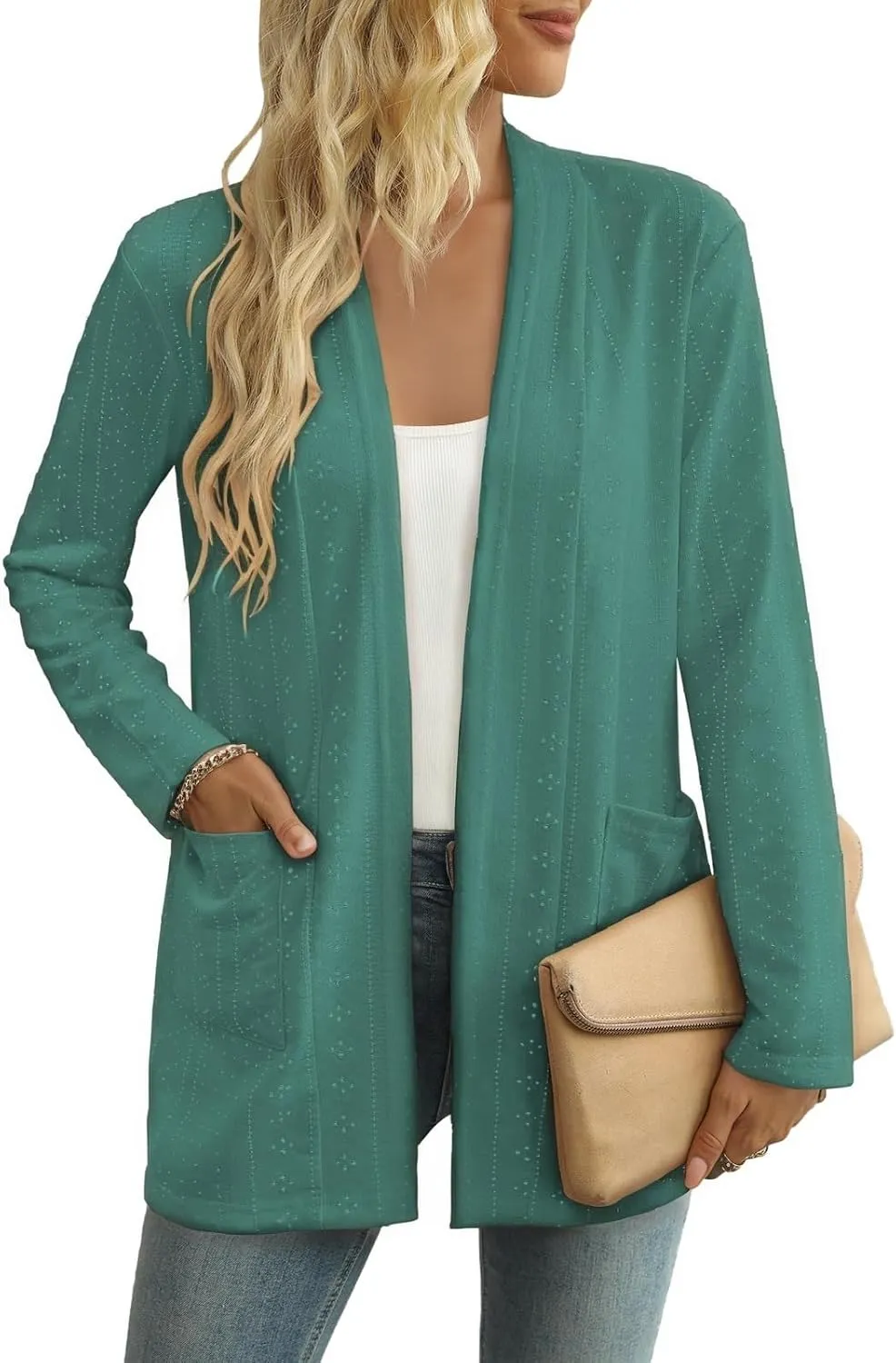 Pointelle Open-Front Cardigan — Sage Green