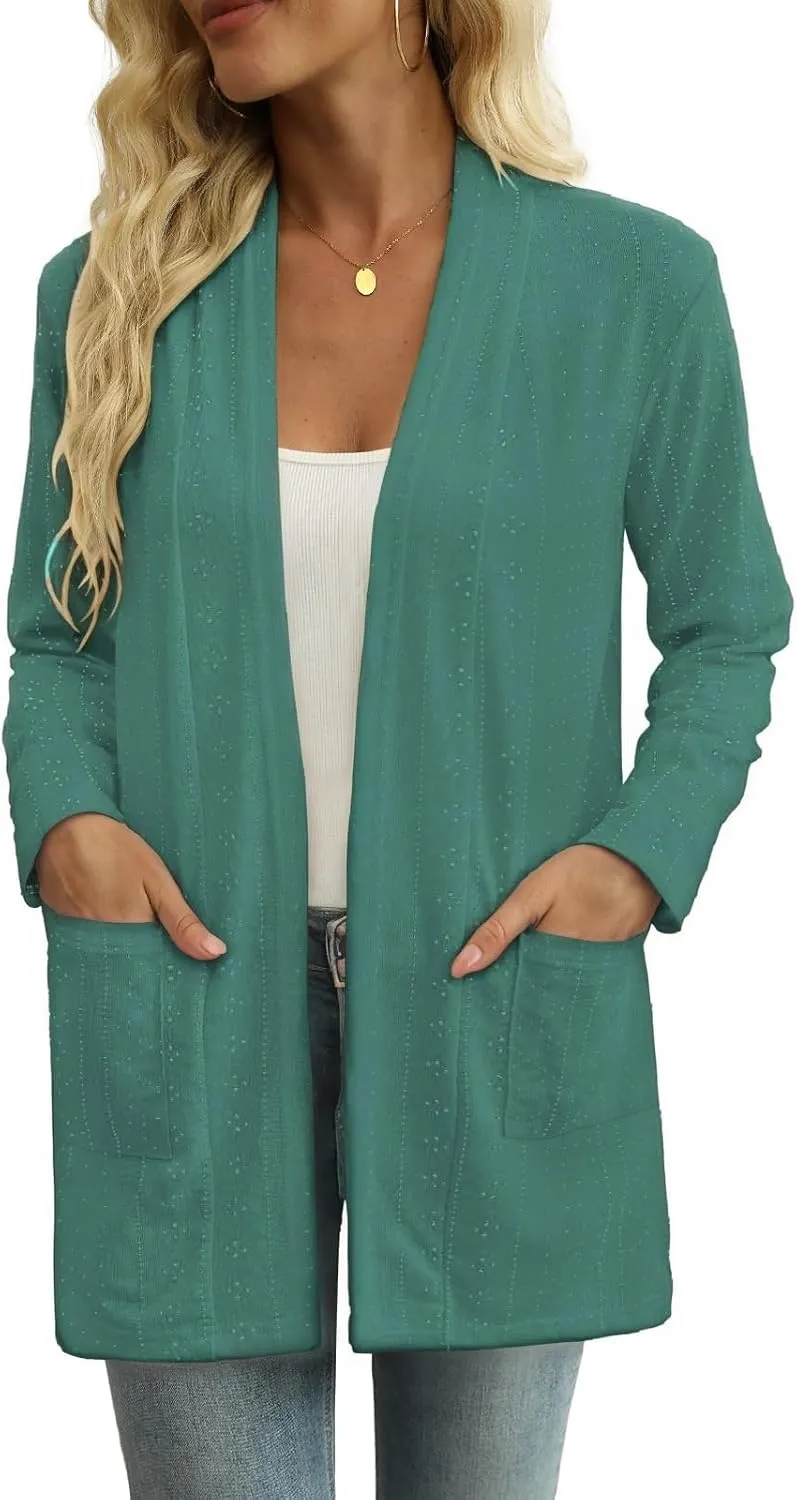 Pointelle Open-Front Cardigan — Sage Green — view 2