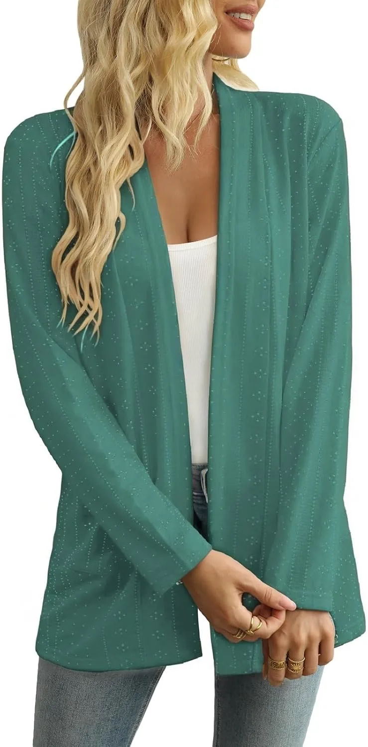 Pointelle Open-Front Cardigan — Sage Green — view 4