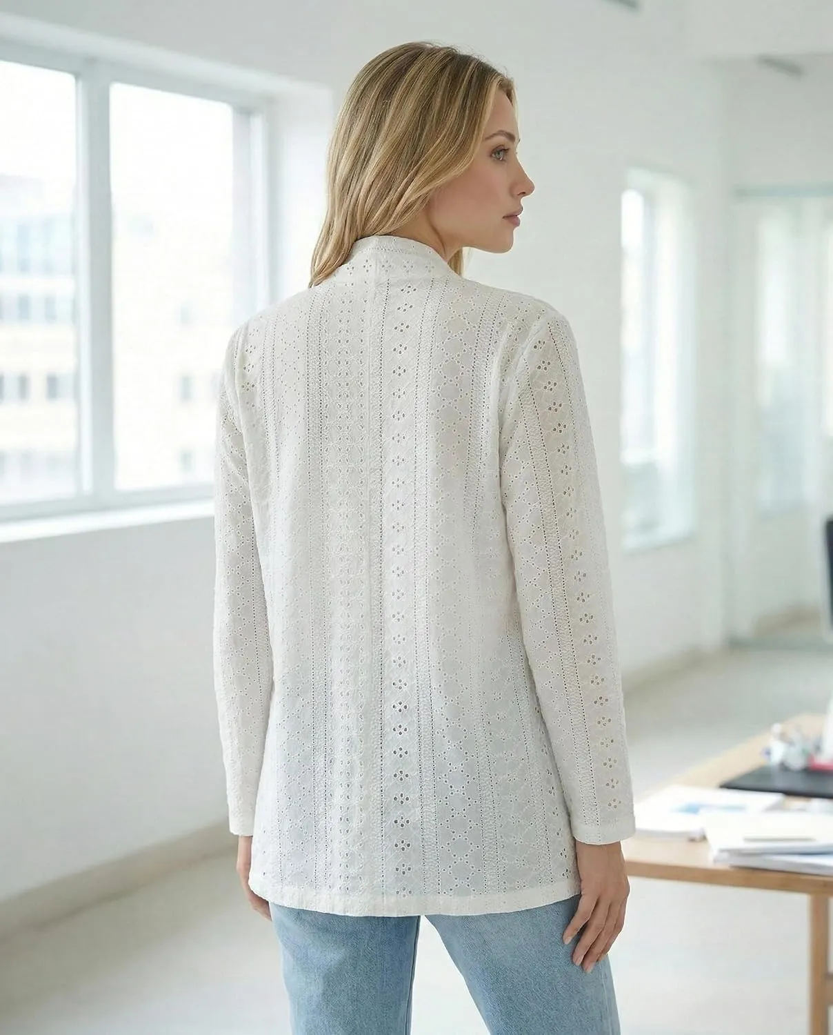 Pointelle Open-Front Cardigan — White — view 3