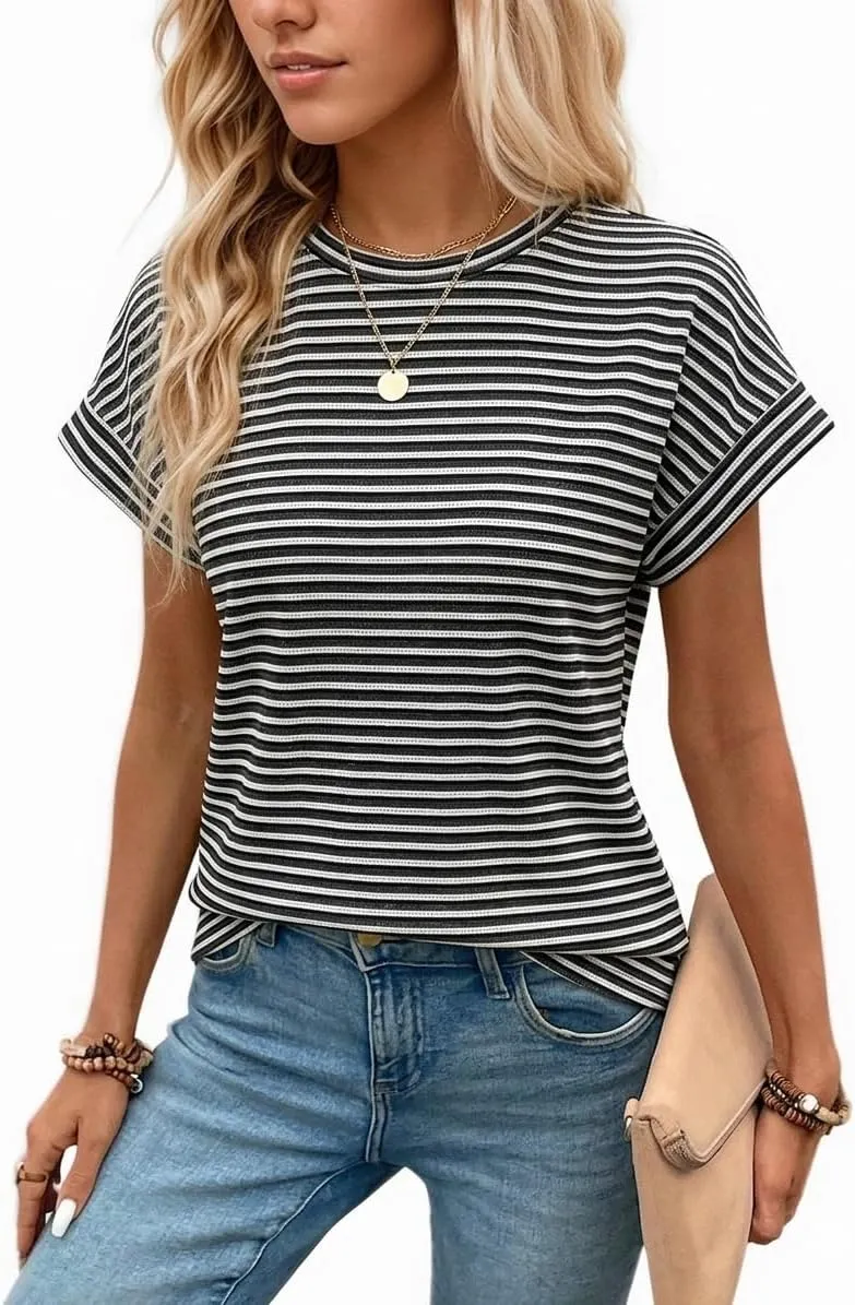 Waffle Knit Crew Neck Tee — Black/White Stripe