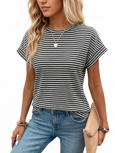 Waffle Knit Crew Neck Tee — Black/White Stripe — view 2