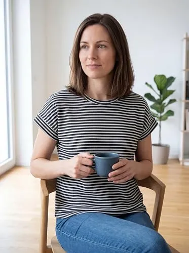 Waffle Knit Crew Neck Tee — Black/White Stripe — view 4