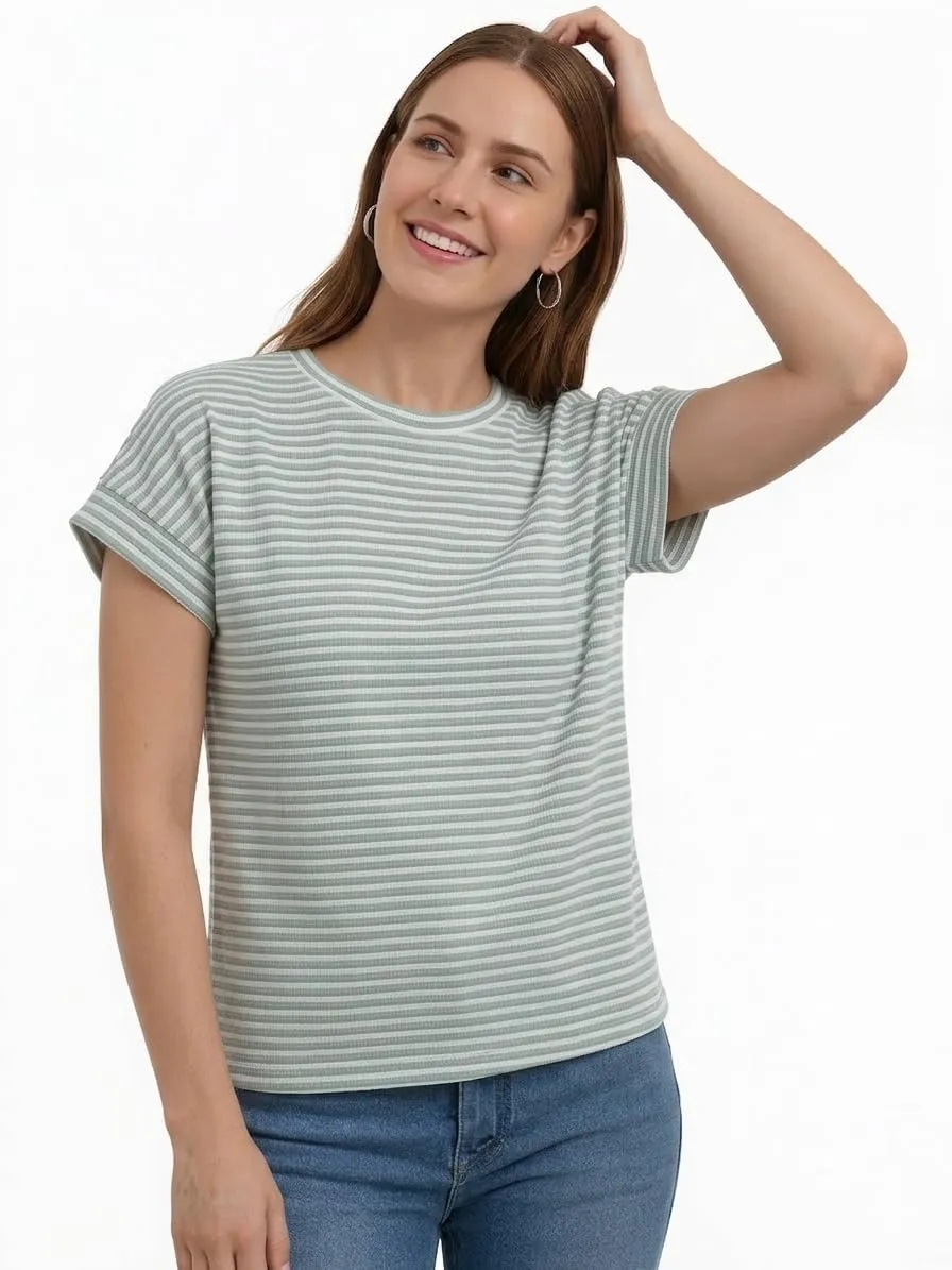 Waffle Knit Crew Neck Tee — Green/White — view 2