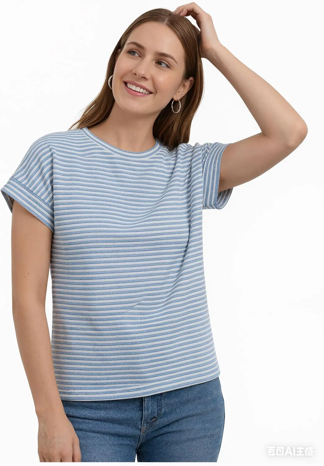 Waffle Knit Crew Neck Tee — Blue-white — view 2