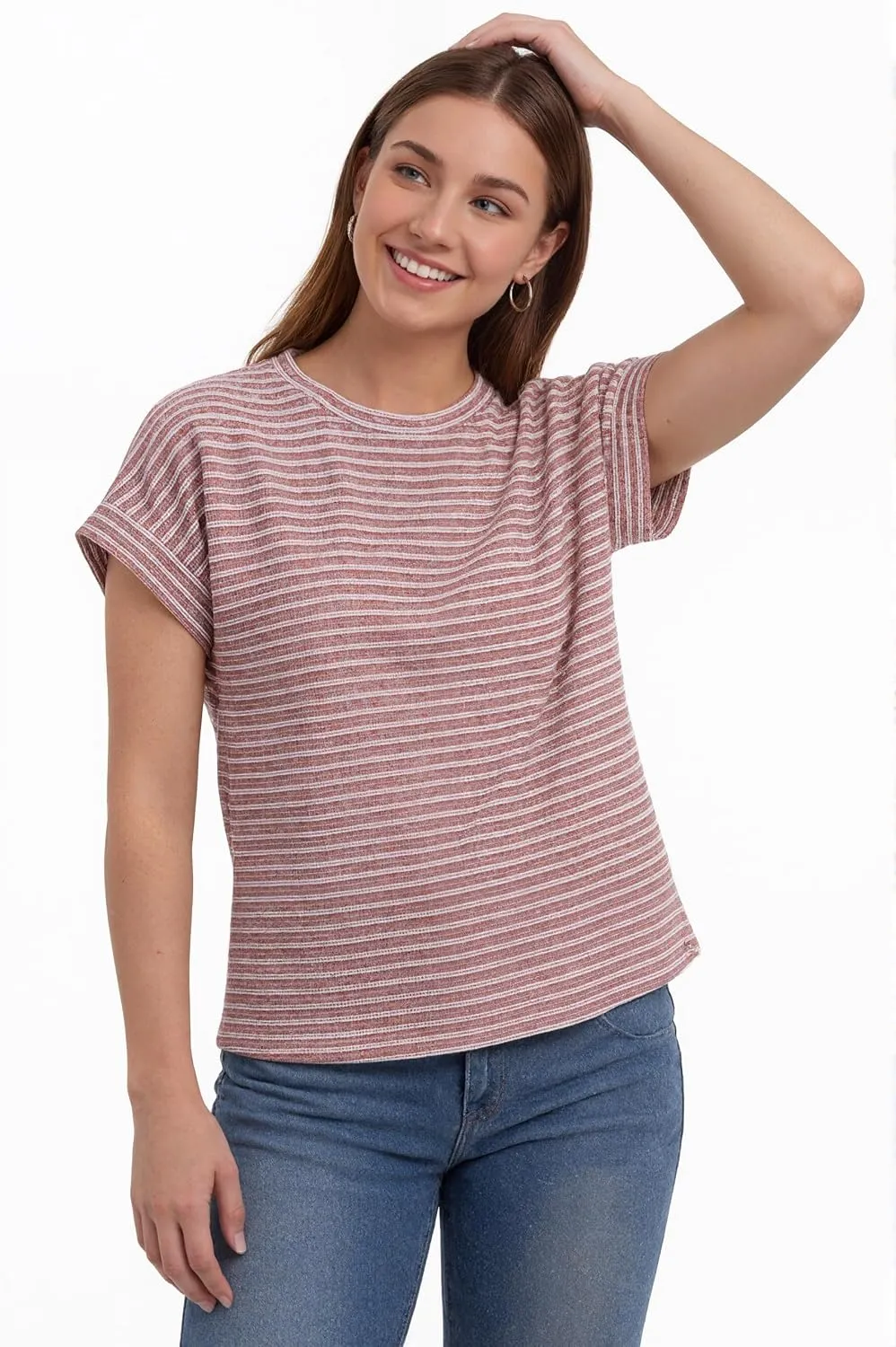 Waffle Knit Crew Neck Tee — Pink-white — view 2