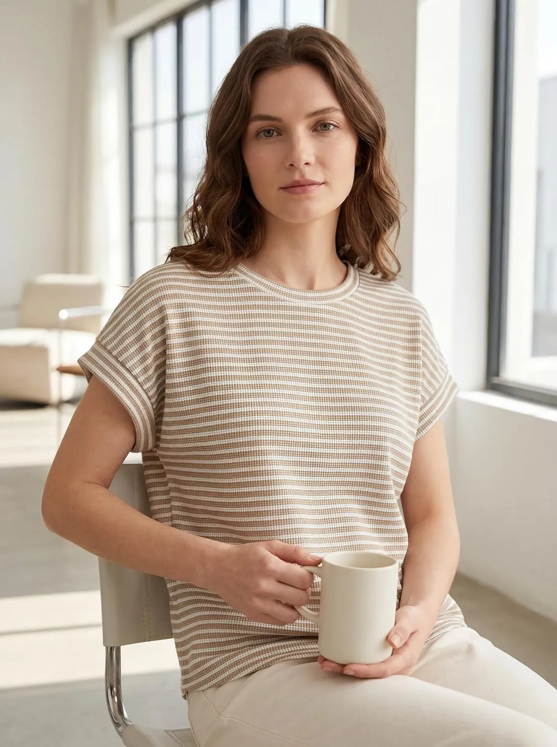 Waffle Knit Crew Neck Tee — Cream-white — view 3