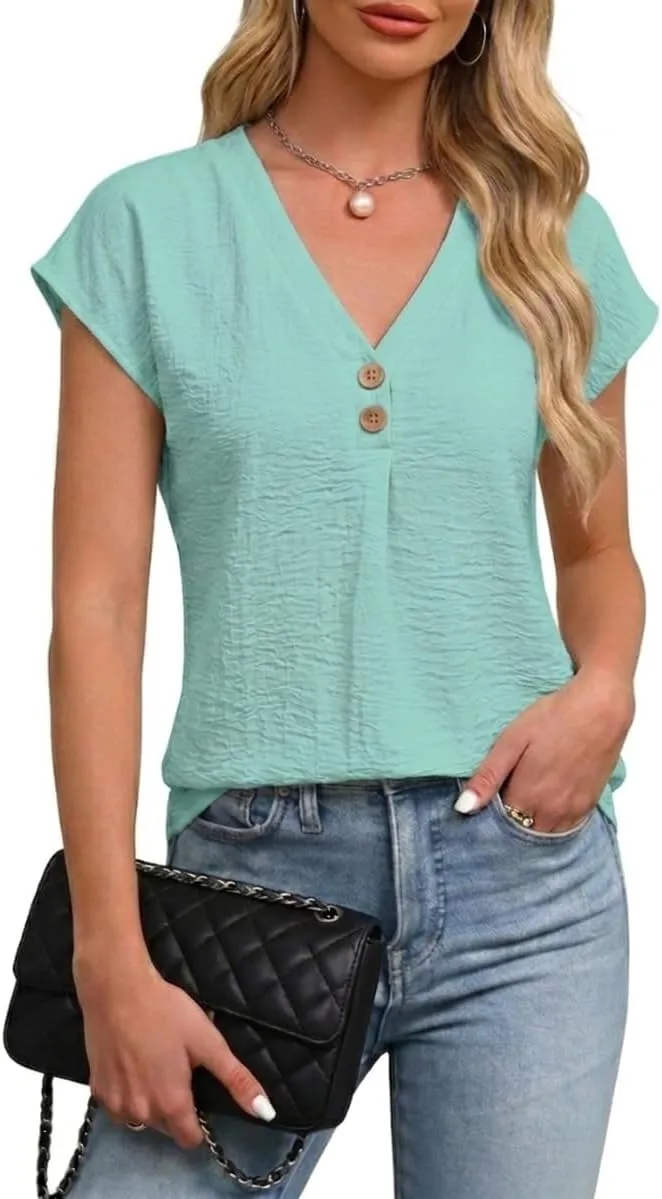 V-Neck Cap Sleeve Blouse — Lightblue