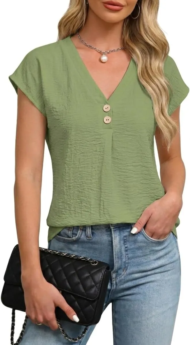 V-Neck Cap Sleeve Blouse