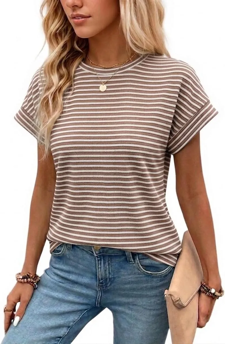 Waffle Knit Crew Neck Tee — Coffee-white
